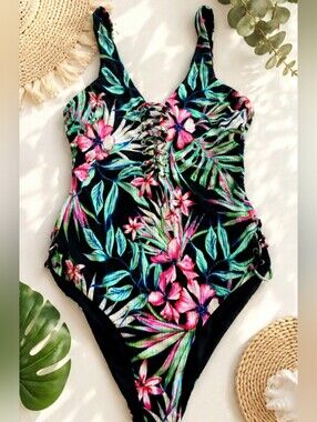Tropical Floral Lace-Up One Piece Swimsuit